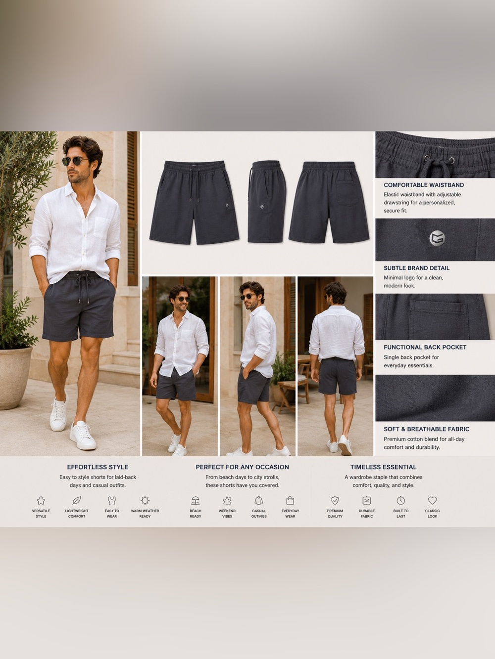 Men's Charcoal Drawstring Casual Shorts